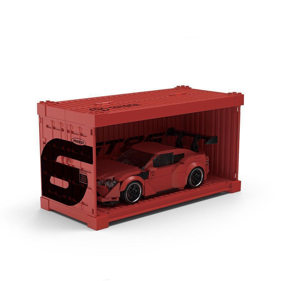 Red toy car inside a red container with 'LEGO' branding on a white background